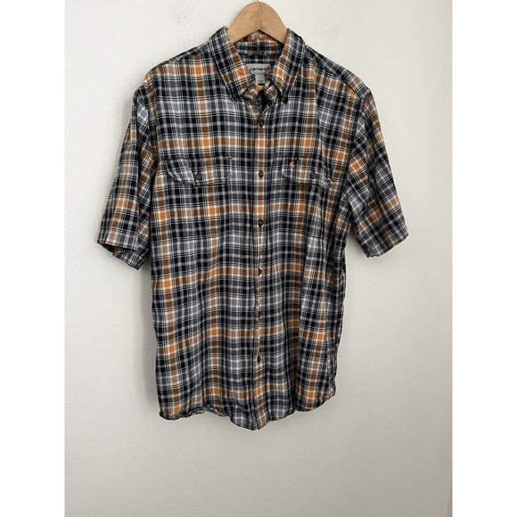 Carhartt Shirt Men's Large Button-Up Short Sleeve Cotton Casual Plaid Navy Gold - Picture 1 of 9